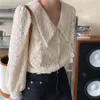 Koreanische Elegante Spitze Frauen Blusen Tops Volle Hülse Drehen-unten Kragen Rüschen Shirts Vintage Mode Damen Blusas Mujer 210513
