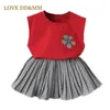 Love DDMMの女の子セット夏の女の子の服のノースリーブのポケットの花綿ベストTシャツ+格子縞のスカート子供服210715