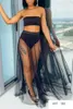 2021 Women Sexy Swimsuits Sets Strapless Bandeau Tops + Swim Brief + Mesh Pleated Maxi Skirt