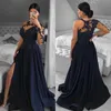 Blue Dresses Navy Evening One Shoulder Side Slit O-neck Long Sleeve Lace Appliques Sequins Satin Sweep Train Party Prom Gown