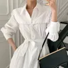 Bahar Zarif Perçin Gömlek Elbise Vestidos Kadın Giyim Vintage Tek Göğüslü OL İş Lace Up Günlük Elbiseler Kadın 210519