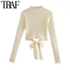 TRAF Femmes Mode avec Bow Tie Cropped Pull tricoté Vintage Manches longues Dos nu Femme Pulls Chic Tops 211103