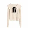 Elegant women bow sweater autumn fashion ladies textured streetwear female sweet button top girls chic 210427