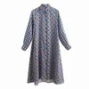 Kvinnor sommar vintage tryck klänning långärmad nedbrytning krage knappar es kvinnliga eleganta raka tröjor Vestidos 210513