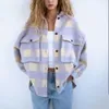 Elegante doce xadrez de lã camisa jaquetas mulheres bolsos de moda vire-down colar verificação jaqueta cute meninas chic casaco streetwear 211014