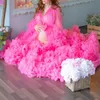 Pink Sleepwear Long Tulle Maternity Robes Sexy Sheer Ruffled Pleated Dresses Women Photo Shoot Custom Made Plus Size Nightdress