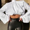 Instahot silke vit svart beskärda topp damer blus puff ärm ruched turtleneck kvinnor långärmad tröja avslappnad sexig lös topp h1230