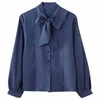 Stijl Top Blue Lantern Lange Mouw Dames Blouse Blusa Boog Tie Lady's Shirt Herfst Single-Breasted Chiffon 10693 210518