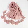 Bubble Chiffon Hijab Scarf Women Solid Color Long Soft Muslim Scarves Islam Wrap Shawl Femme Beaded Flower Hijabs Tassel Scarf