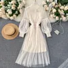 Повседневные платья CHIC 2021 осень 3D цветок длинный фонарь рукава сетки сладкое платье женщины мода стенд шеи элегантные Vestidos P587
