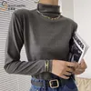 Camiseta de mujer, Tops femeninos, elegante, básico, para oficina, Otoño Invierno, Jersey de algodón de alta elasticidad, cuello de tortuga simulado, manga larga, colores cálidos X0628