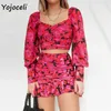 Yojoceli Puff Sleeve Flroal Print Dres Square Neck Ruffle Två Pieces Set Party Club 210609