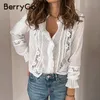 Berryo Summer Floral Cotton White Blue Vintage Hollow Out Female Office Ladies Topps Casual Spets Long Sleeve Blue Shirts 210326