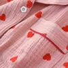 Весенние дамы Pajamas Set Сердце напечатанные Crepe Хлопок Двухслойный марлевой поворотный воротник Двухслойные брюки Друдкие 211212