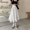 Hoge taille kanten stiksel ruche tule geplooide rok zomer vintage witte dunne lange rok vrouwen Koreaans zwart streetwear 210619