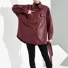 Women Leather Shirts Single Breasted PU Tops Wine Red Black High Waist Jacket Tie Belt Streetwear 210430