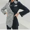 Höst Lady Office Formell Två Piece Set Kvinnor Suit Double Breed Tweed Patchwork Blazer Slim Flare Pants 210603