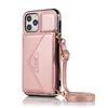 PU Leather Phone Cases for iPhone 13 12 11 Pro XS Max 7 8 Plus XR X Strap Cord Lanyard Rope Necklace Chain Case with Card Bag