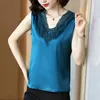 Seda coreana Mujeres Tops Mujer Satin Tank Bordado Lace Halter Tees V Cuello Elástico Tanques Plus Tamaño 5XL 210427