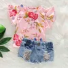 Children Clothing Set Summer Toddler Kid Baby Girls Floral Tops T-shirt Jeans Ripped Shorts Outfits 210528
