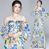 Otoño de las mujeres sin tirantes de manga larga de la linterna sin espalda sexy Split Party Dress Runway azul y blanco flor de porcelana Maxi 210529