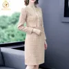 Tweed woolen klänning för kvinnor full ärm bodycon robe damer höst och vinter kontor kvinnlig elegant 210520