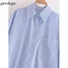 Frühling Blau Gestreifter Bluse-Hemd Frauen Langarm Tasche Casual Popeline Blusen Weibliche Vintage Übergröße Blusas 210514