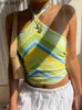 Striped Ruched Halter Cami Topp Ärmlös Baklösa Sommar Beskära Topp Kvinnor Mode Casual Camisole Sexiga Y2K Tops Y220308