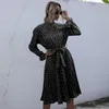 Mode Polka Dot Print Kleid Frauen Casual Hälfte Rollkragen Schmetterling Hülse Herbst Winter Schlank Bandage Kleider Für Damen