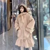 Sıcak Yün Ceket Vinter Tatlı Yay Patchwork Grubu Uzun Kadın Rahat Düğme Japon Kawaii Kalın S 210510
