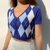 Plaid Knit Buttoned Cardigan Top Women Y2K Vintage V Neck Knitted Clothes Aesthetic Short Sleeve Crop Tops T Shirt 210514
