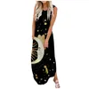 Vestidos Casuais Maxi Maxi Vestido Elegent Verão 2021 Lua e Estrelas Imprimir Sleeveless Bolso Impressão Praia Loose