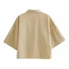 Moda Kobiety Patch Koszulka Khaki Koszula Kobieta Krótki Rękaw Bluzka Casual Los Loose Tops Blusas S8739 210430