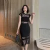 Women Summer Lace Dress O-neck High Quality Elegant Evening Party Formal Mid-Calf Butterfly Sleeve Black Vestidos Clothing 210625