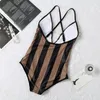 One-Pieces Personality V Neck Women Swimwear Sexy Backless High Waist Swimsuit INS Fashion Letter Striped Printed Bathing Suit
