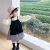 Lente baby meisje 2-pcs sets beige lange mouwen T-shirt + slinger ruches plaid jurk kinderkleding E6035 210610