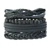 Handmade плетеный черный веревка многослойные кожаные браслеты из кожи набор для мужчин Женщины регулируемые панк деревянные бисером браслеты