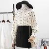 PERHAPS U Women Polka Dot Mandarin Collar Beige Puff Sleeve Full Sleeve Shirt Long Sleeve Korean Top Fall Autumn B0169 210529