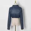 Solide Denim Veste Pour Femmes Revers À Manches Longues Patchwork Poche Court Tops Femme Mode Vêtements Printemps 210524