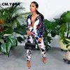 CM.YAYA Print Full Sleeve Single Button Full Length Straight Pant 2 Piece Set Women Turn-down Collar Two Piece Outfit Fashion Y0625