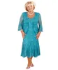 New Elegant Turquoise Plus Size Mother of the Bride Lace Dresses 2022 Tea Length Wedding Party Gowns with Long Sleeves Jacket296I