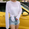 夏のTシャツの女性のビーチの薄い見る特大のティー韓国のシックな白いトップハイストリートカジュアル長袖シャツ210422