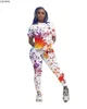 CM.YAYA active wear women painted print two piece set short sleeve tee tops pencil long pants suit sweatsuit tracksuit outfit 211105