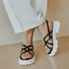 Meotina Dar Bant Gerçek Deri Sandalet Platformu Kama Topuklu Ayakkabı Yuvarlak Ayak Kadın Ayakkabı Toka Sandalet Bayan Yaz Şerit 210608