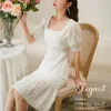 Vintage Elegant Lace Hollow Out Summer Dress Fashion Slim Robe Sweet Puff Sleeves Square Neck White Dresses Vestidos 210520