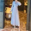 Vintage Blue Dresses for Woman V-neck High Waist Maxi Vestido Long Sleeve Runway Elegant Party Dress Female 210603