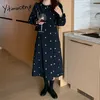 yitimuceng刺繍花ドレスヴィンテージMidi Dress韓国のファッションロングパフスリーブオフィスレディブラックスプリング210601