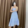 Vuwhyv blauwe ruche ruches slip jurk vrouwen elegante fairy partij midi vrouw zomer elastische verzamelde taille vestidos 210430