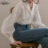 シングルブレストコットン女性シャツビンテージランタンスリーブホワイト女性プラスサイズの服カジュアルレディーストップ13476 210508
