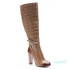 Сапоги мода Женщины коленные высокие квадратные каблуки заостренные пальцы ноги великолепные красные коричневые туфли для вечеринок США. Размер 4-12